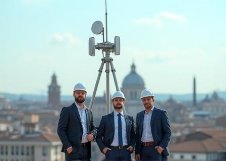 Ingegneri testano un'antenna mobile con lo skyline di Roma sullo sfondo